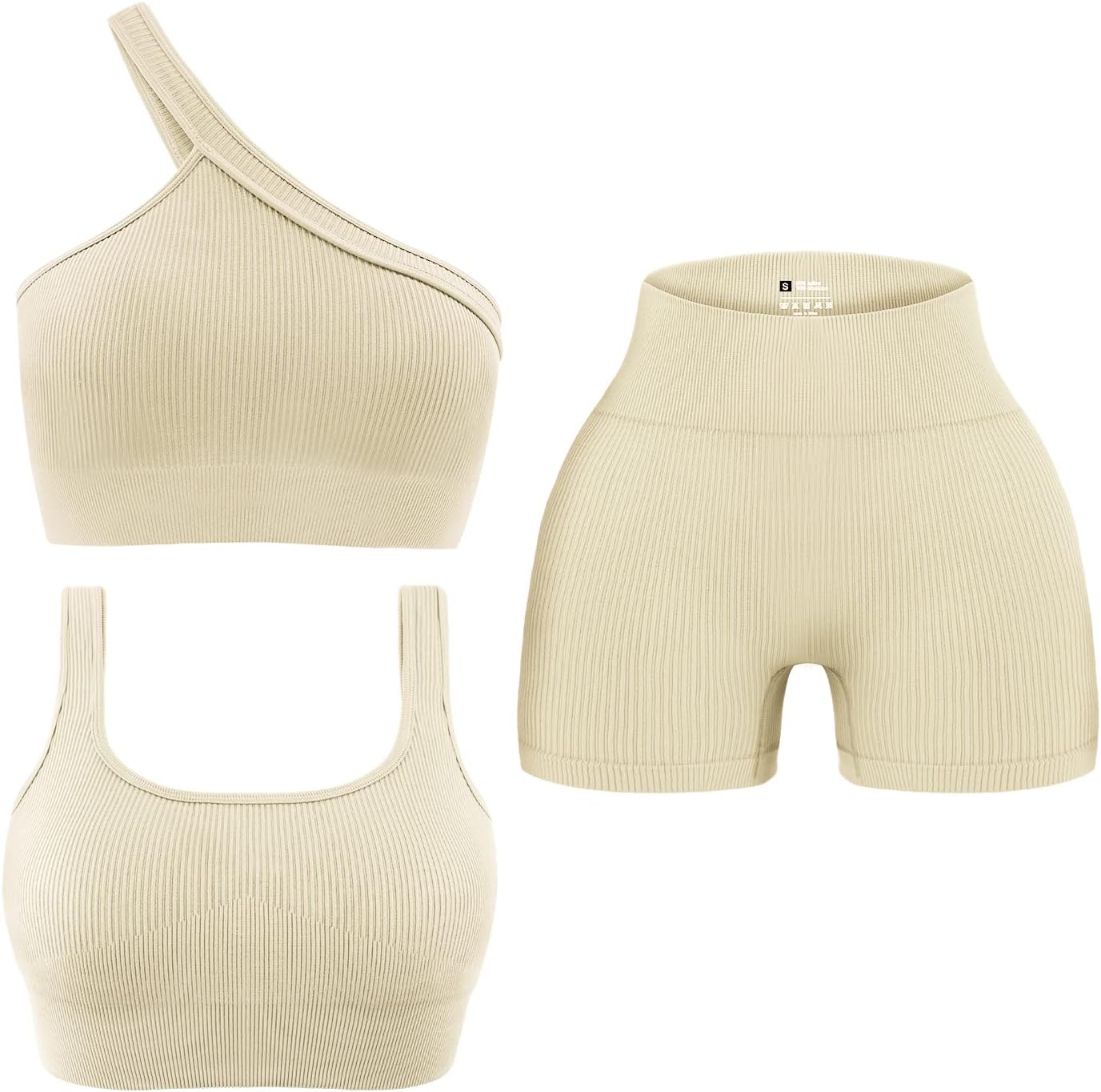OLCHEE Womens 3 Piece Workout Sets - Seamless Ribbed Yoga Outfits Sports Bra One Shoulder Top Biker Shorts Gym Athletic Cloth