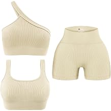OLCHEE Womens 3 Piece Workout Sets - Seamless Ribbed Yoga Outfits Sports Bra One Shoulder Top Biker Shorts Gym Athletic Cloth