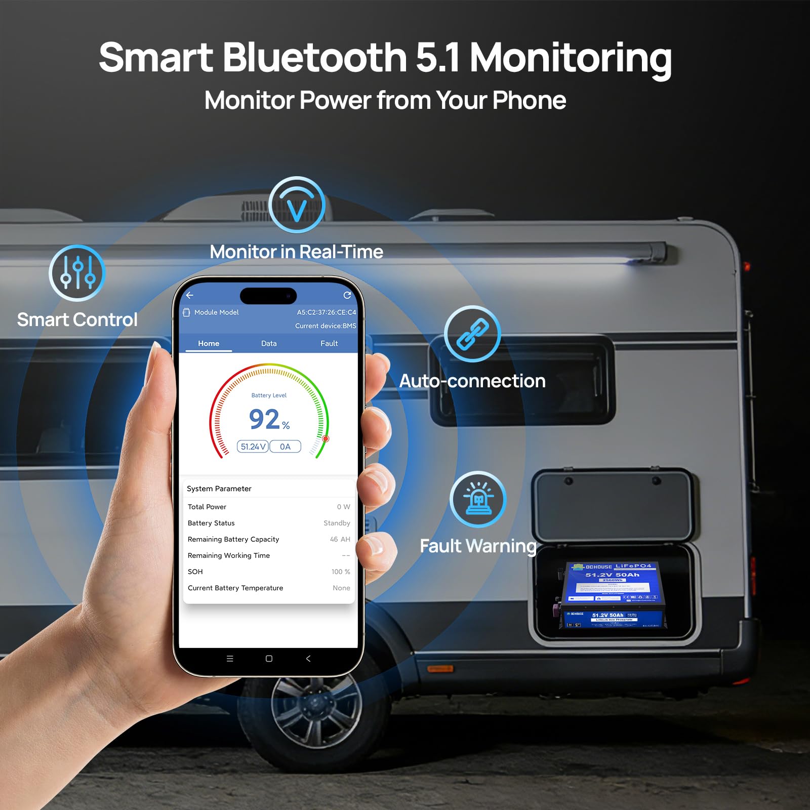 DCHOUSE Batteria LiFePO4 48V 50Ah con Caricatore 18A, Bluetooth e Monitor, BMS 100A, Protezione Bassa Temperatura, Carcassa Metallica, per Golf Cart, Camper e Sistema Solare