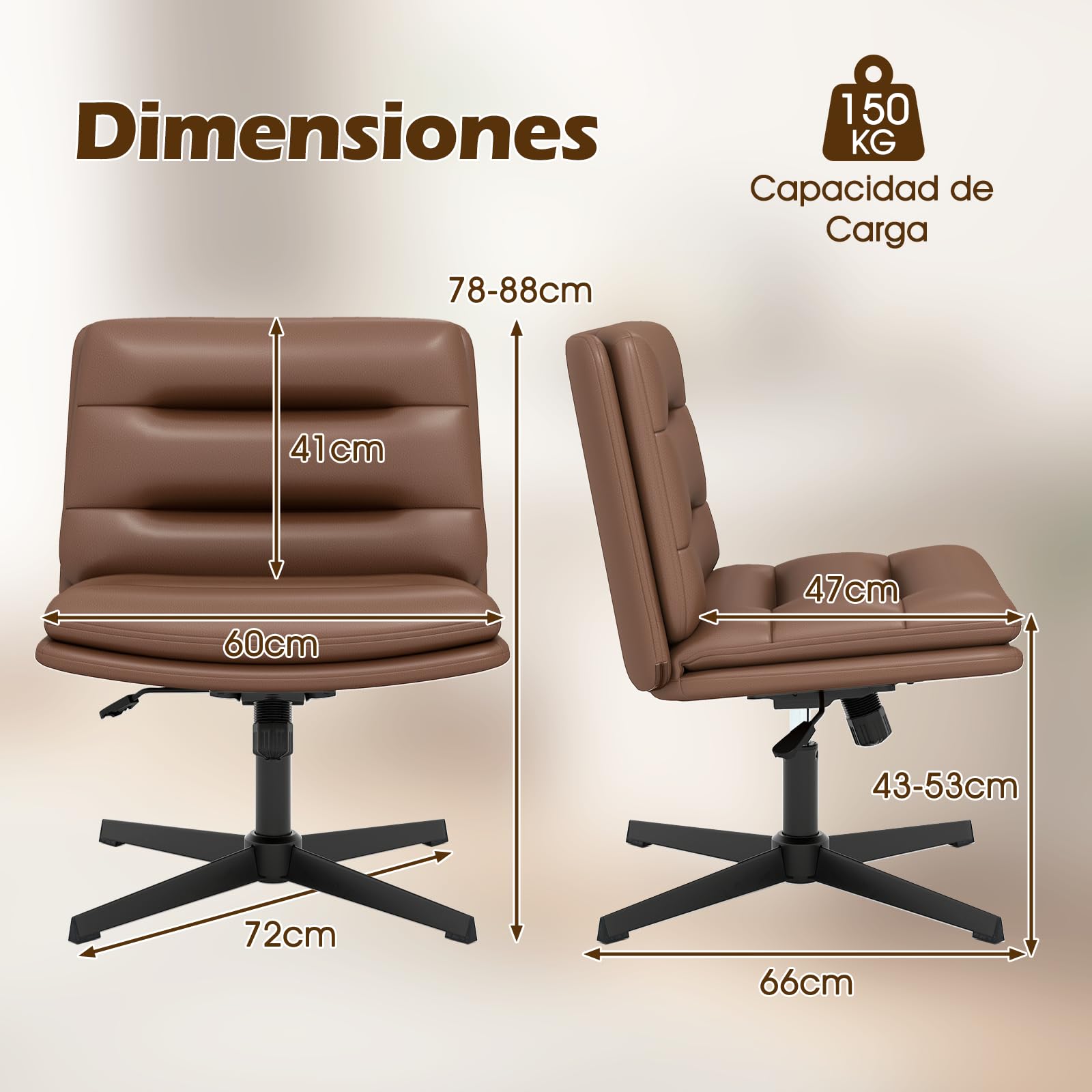 COSTWAY Silla Escritorio sin Ruedas y Reposabrazos, 88cm Silla Oficina Giratoria con Cojines, Silla Ergonómica con Asiento Acolchonado, Ajustable de Altura, para Dormitorio y Estudio (Marrón)