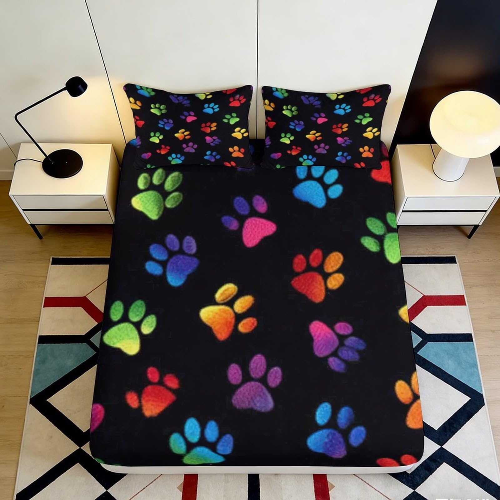 3D Printed Colorful Paw Print Fitted Sheet Microfiber Soft Breathable Rainbow Paws Bed Cover for Bedroom Dormitory Guest Room Mattress Protection 200x200x25cm
