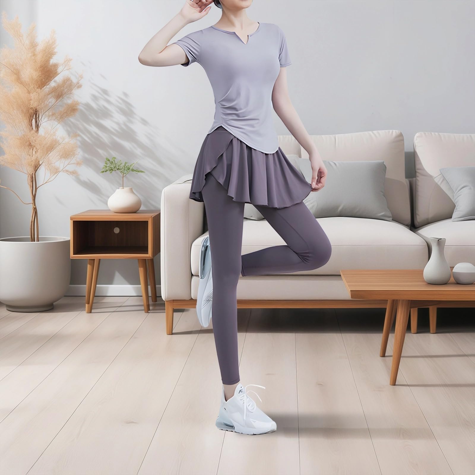 2-częściowy zestaw damski do jogi i fitnessu, top z krótkim rękawem z dekoltem w serek i legginsy z wysokim stanem, oddychająca mieszanka spandexu, rozmiar XXL