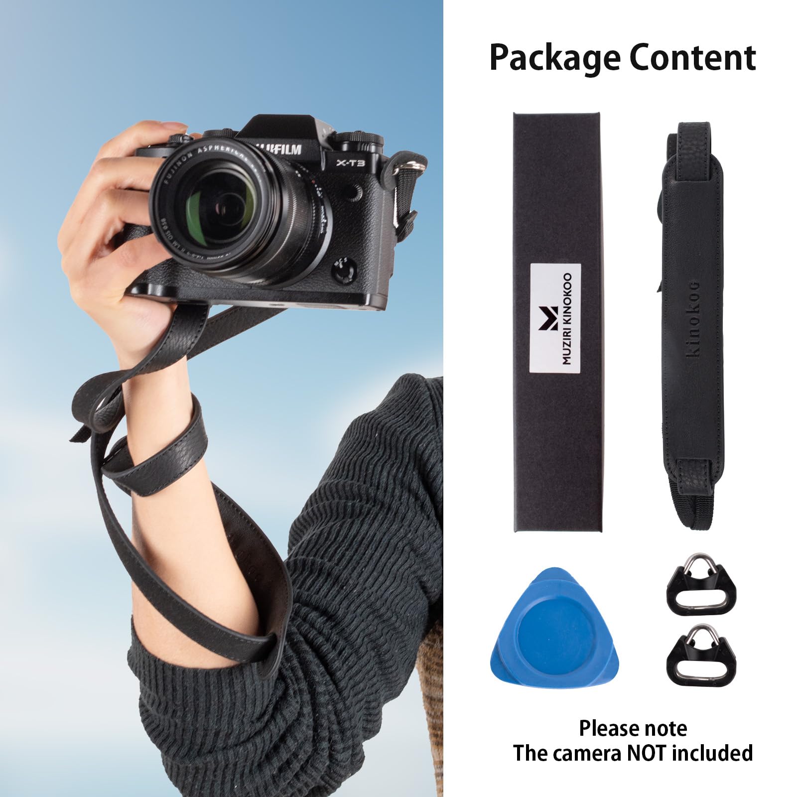 MUZIRI KINOKOO Tracolla universale per fotocamera in vera pelle con cintura in nylon - Tracolla regolabile per reflex e reflex digitali - Lunghezza da 90 cm a 140 cm - Nero