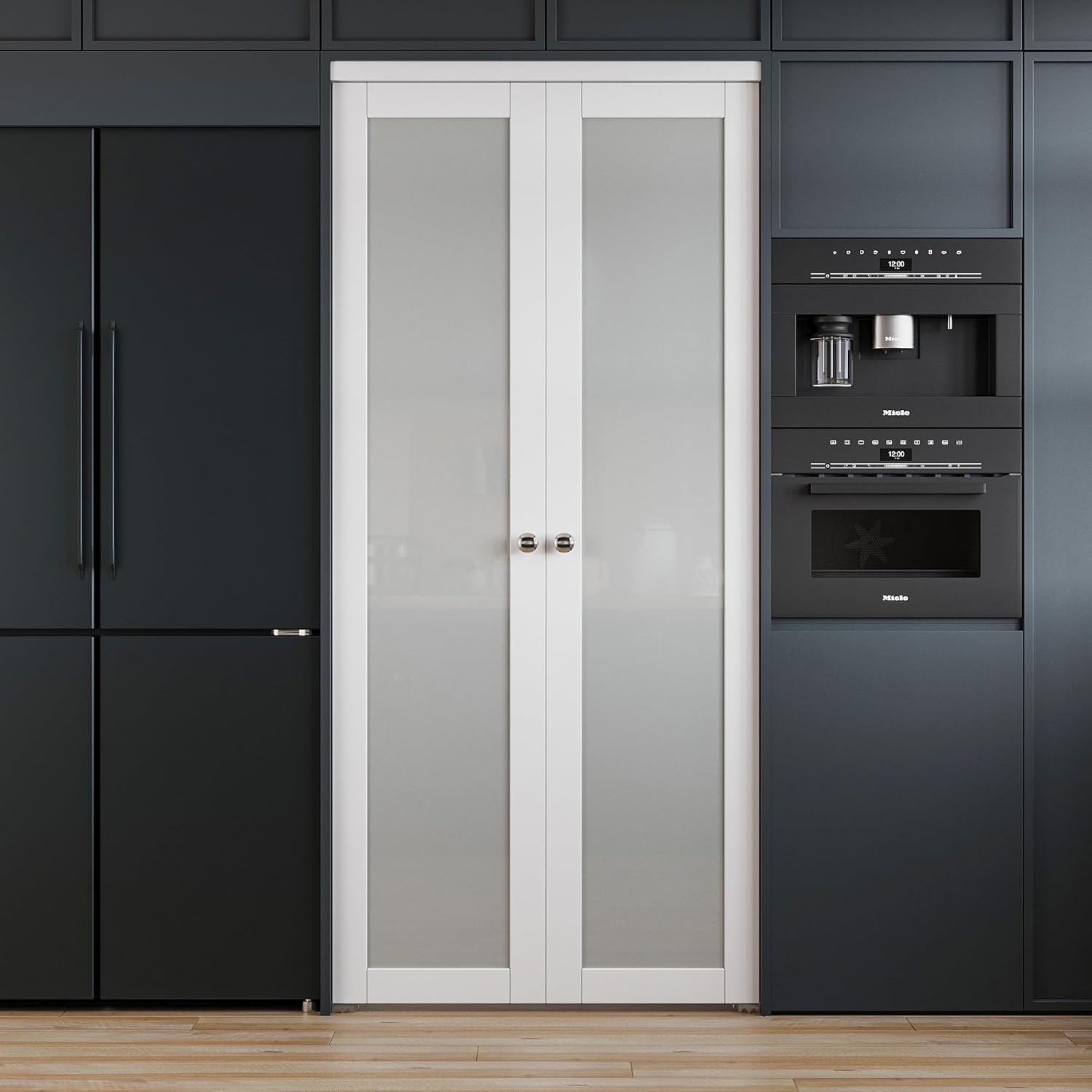 French Pivot Door for 36" x 80" Opening, Double Frosted Glass Door Panels with Pivot Hardware, Swing Doors for Pantry/Laundry/Storage Room, White, Water&Scratch-Resistance Surface, Easy Install