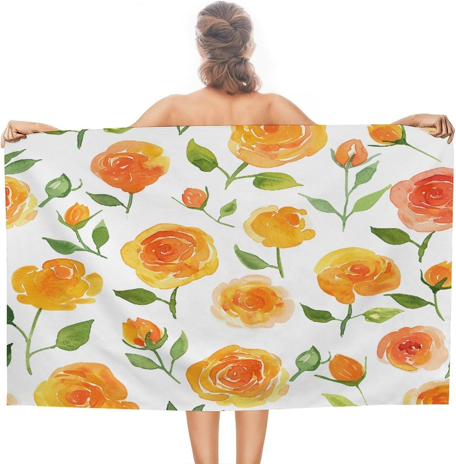 Swimming Towel, Orange Hue Flower Printed Fashion Towel,Portable Towel,Durable Towel