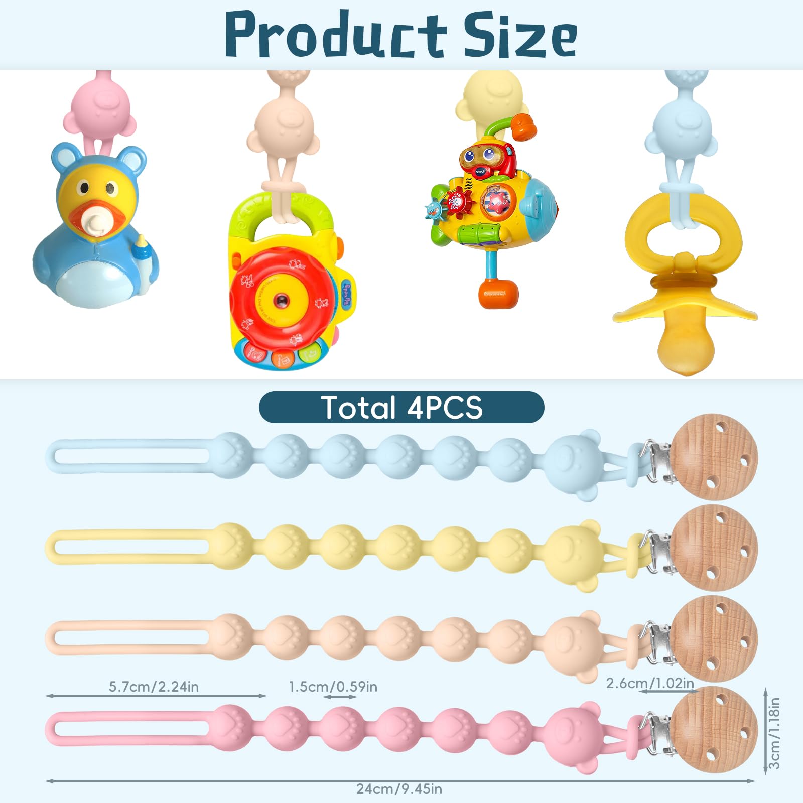 4 catenelle per ciuccio, in silicone, flessibilità, facile da pulire, catena per ciuccio e massaggiagengive 2 in 1, design 2 in 1, catenella per ciuccio, in legno, portabilità, aiuto dentale per