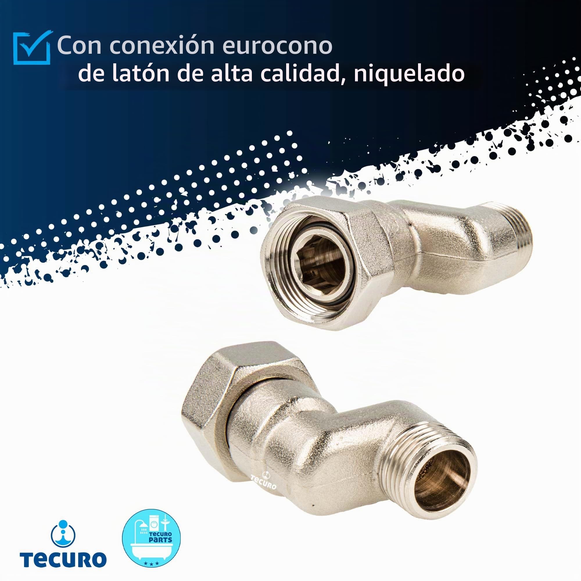 TECURO Conexión S para radiador con ajuste de altura de 50 mm, cono europeo, DN 15 (1/2 pulgada) macho x DN 20 (3/4 pulgada) tuerca de unión niquelada en latón, AGS-50