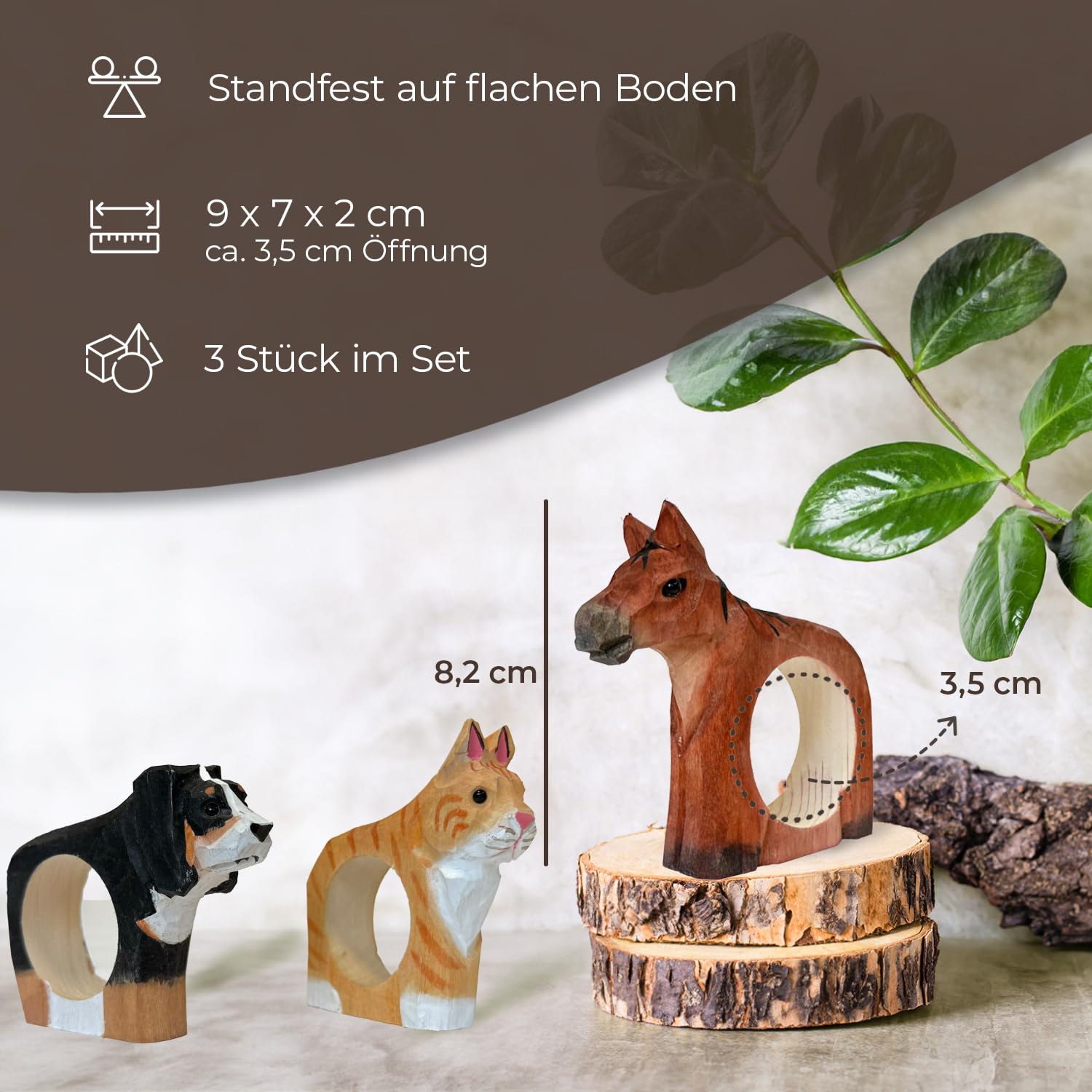 your castle Napkin Rings, Hand Carved, Animal Design, Cat, Dog, Horse, Set of 3, Made of Wood, Hand-Painted, Versatile - Image 3