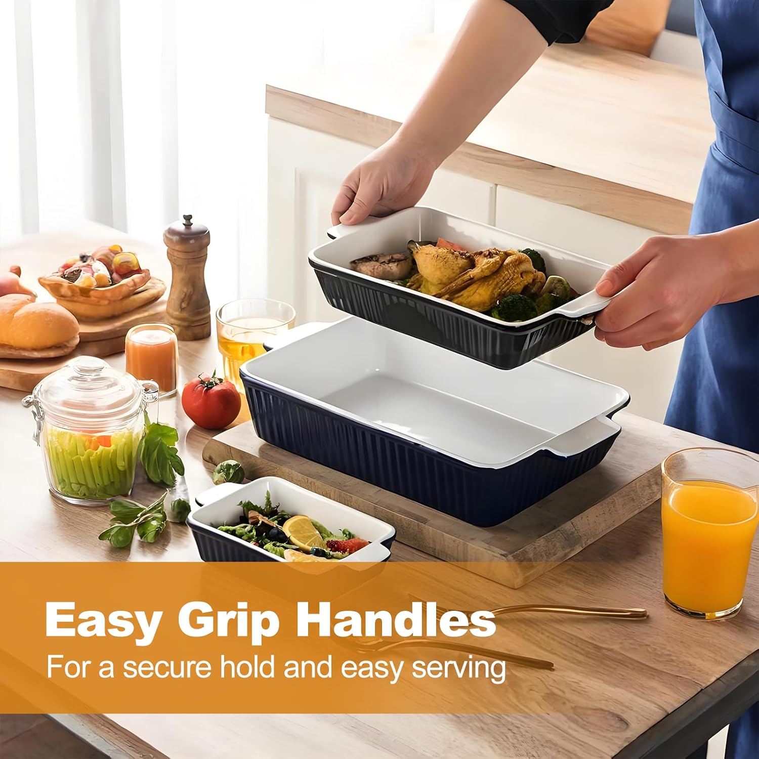 Casserole Dishes for Oven, Porcelain Baking Dishes, Ceramic Bakeware Sets of 3, Rectangular Lasagna Pans Deep with Handles for Baking Cake Kitchen ﻿ (black)