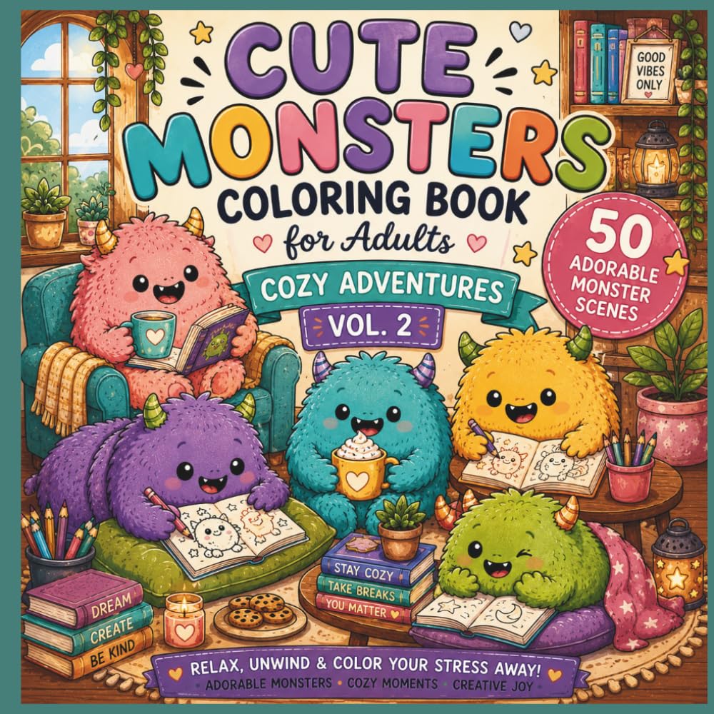 Cute Monsters Coloring Book for Adults: Cozy Adventures Vol. 2: 50 Adorable Monster Scenes for Relaxation, Stress Relief & Cozy Coloring (Cozy Cuties Coloring Books)