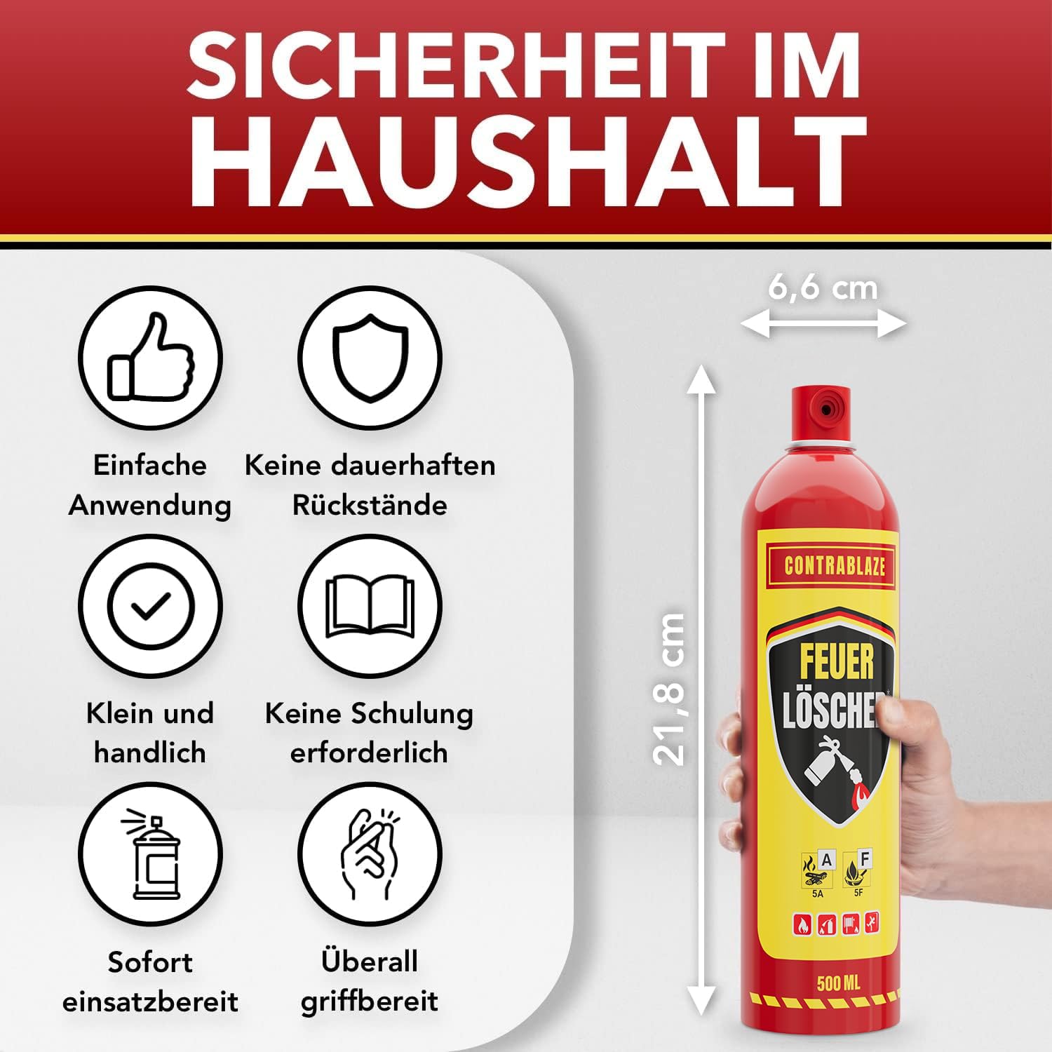 Spray extincteur domestique – 500 ml – Pour plus de sécurité dans votre vie quotidienne – Idéal pour la maison, la cuisine et la voiture – Efficacité testée contre les feux de graisse et les incendies