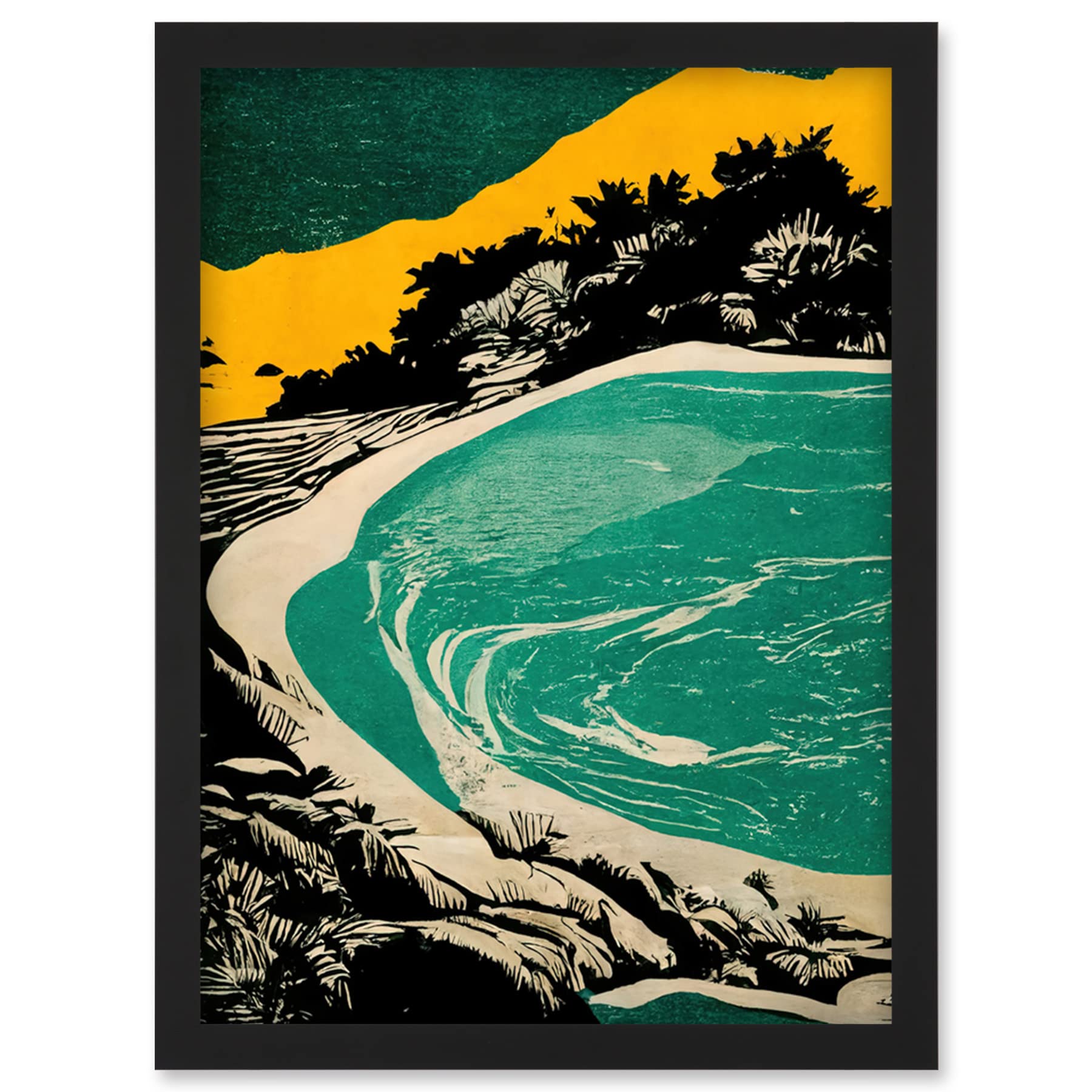 Beach Lagoon Abstract Marbled Seascape Mustard Teal Artwork - Framed Wall Art Print A4 - Artery8