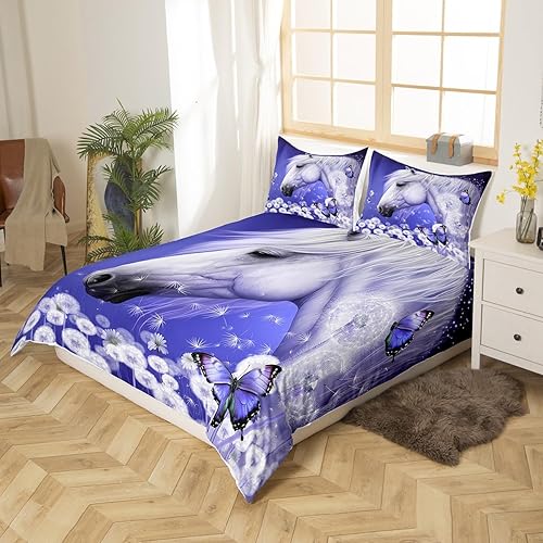 Miniatura 2 de Manfei Juego de funda de edredón de caballo, tamaño individual, funda de edredón de margarita de diente de león blanco con 1 funda de almohada,