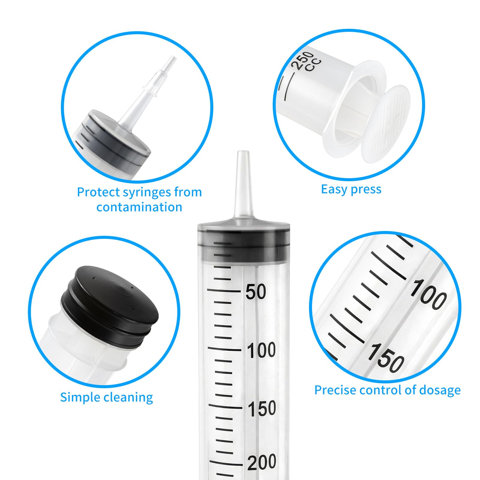 2 szt. Duża Strzykawka 250 ml, Strzykawka Bez Igły z Wąż do Laboratoriów | Plastikowy Wielokrotnego, Włączać 2 x 1 m wąż i Adapter, do Laboratoriów, Nauki, Przemysłu, Nawadniania i Pomiaru Cieczy