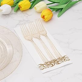 Goodluck 50 Pack Gold Glitter Plastic Forks, Heavy Duty Forks Disposable, Plastic Cutlery Perfect for Weddings, Parties, Dinners and Thanksgiving