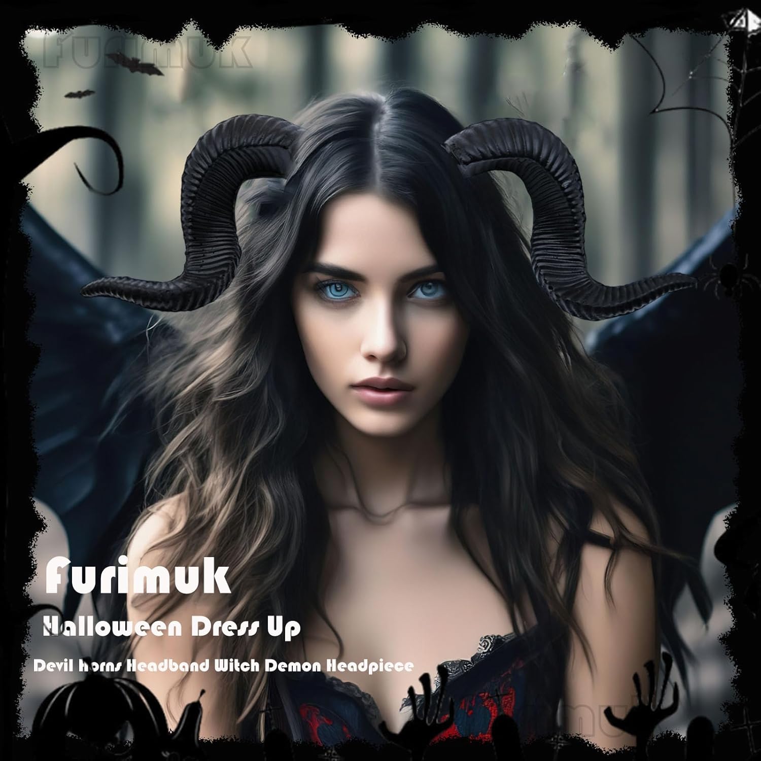 Furimuk Devil Sheep Horns Headband Demon Goat Horn Hairband for Halloween Costume Adult Cosplay Photo Shoot (Black, Medium) - Image 3