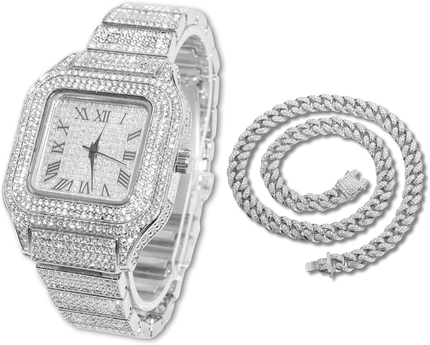 Halukakah Men’s Watch - The King - 18K Gold/Platinum Plated, 40MM Square Dial, Iced Out Wristband, with Cuban Link Chain Necklace and Bracelet Set Optional, Comes in Giftbox