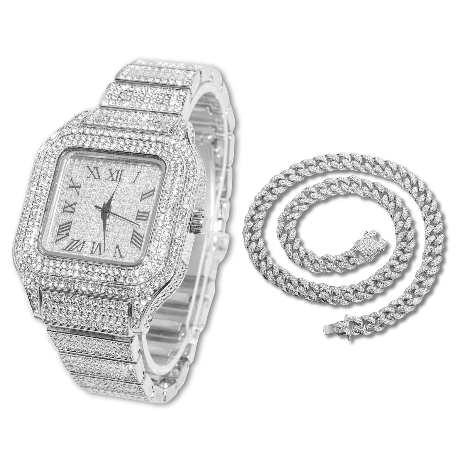 Diamonds Gold Watch Iced Out,Men's 18K Real Gold/Platinum White Gold Plated 40MM Width Square Dial Quartz Wristband 9.5" with Cuban Link Chain 8"+18" Necklace Bracelet,Free Giftbox