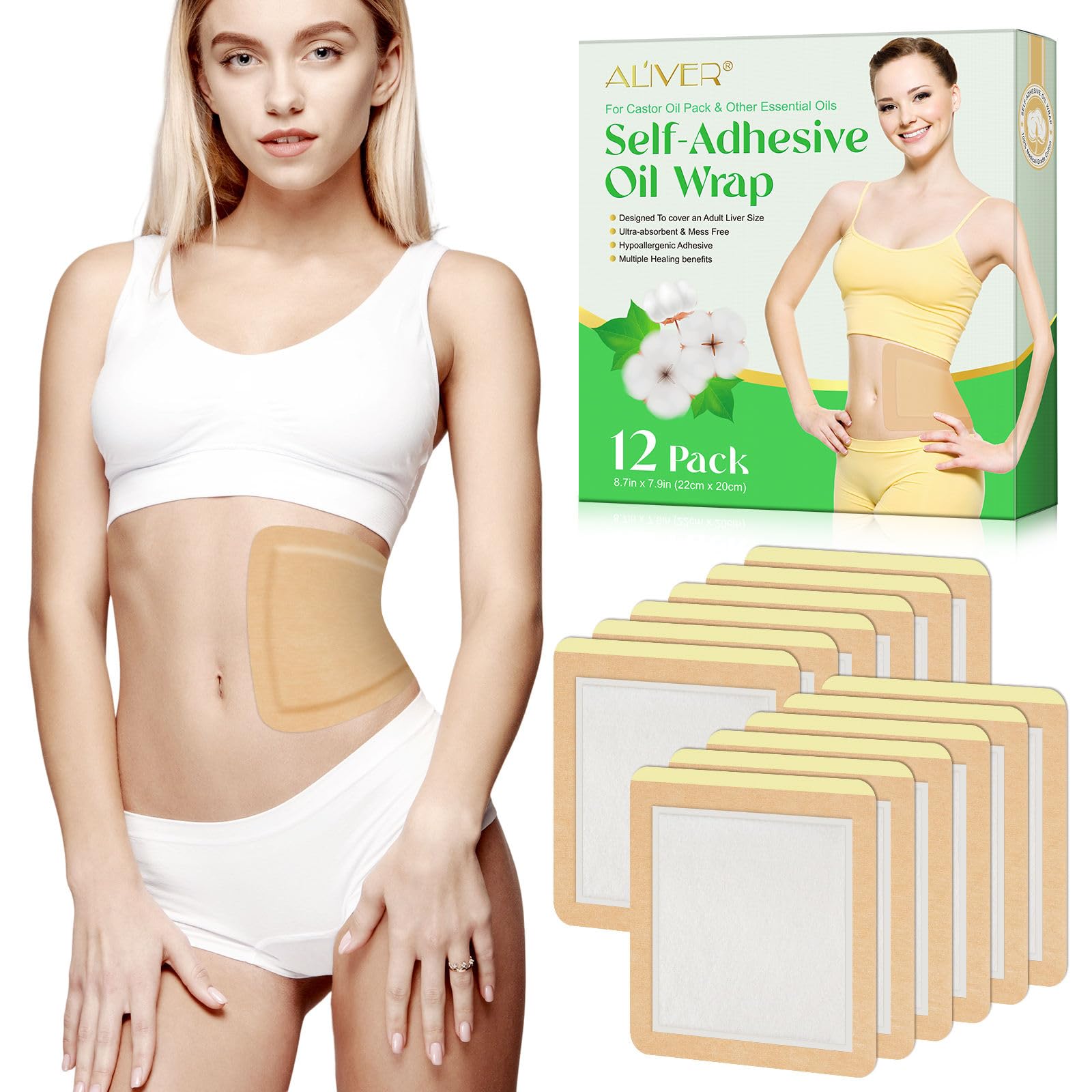 Boxania® 12 Pcs Castor Oil Pack Wrap, Self Adhesive Castor Oil Packs for Liver Detox, Highly Absorbent 8.7"*7.9" Organic Cotton, No Wash, Easy to Use, Anti-Seepage (Oil Not Included)-image-18