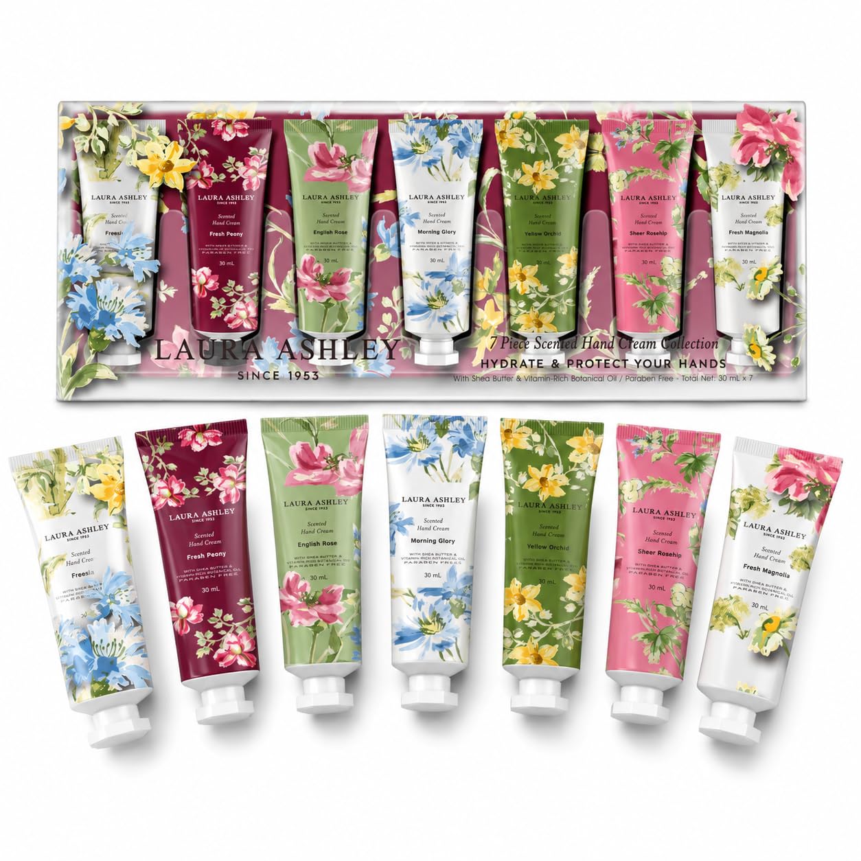 Laura Ashley 7-Piece Travel Size Hand Cream Gift Set for Women | 7 Travel-Size Hand Creams with Shea Butter & Vitamin E Botanical Garden Collection