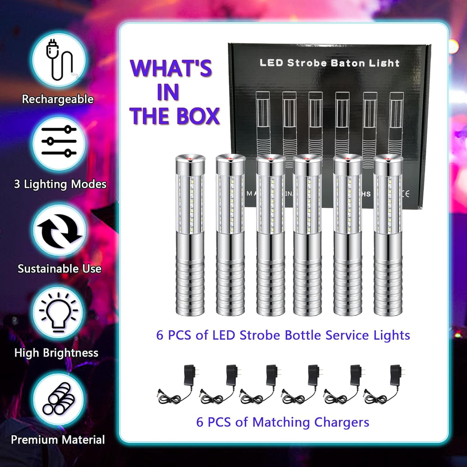 6 PCS LED Strobe Baton Lights Bottle Service Rechargeable Light, Reusable Handheld Champagne Bottle Light Topper for Party Nightclub Bar Wedding Concert Festival Activity (Silver, 6 Pack)