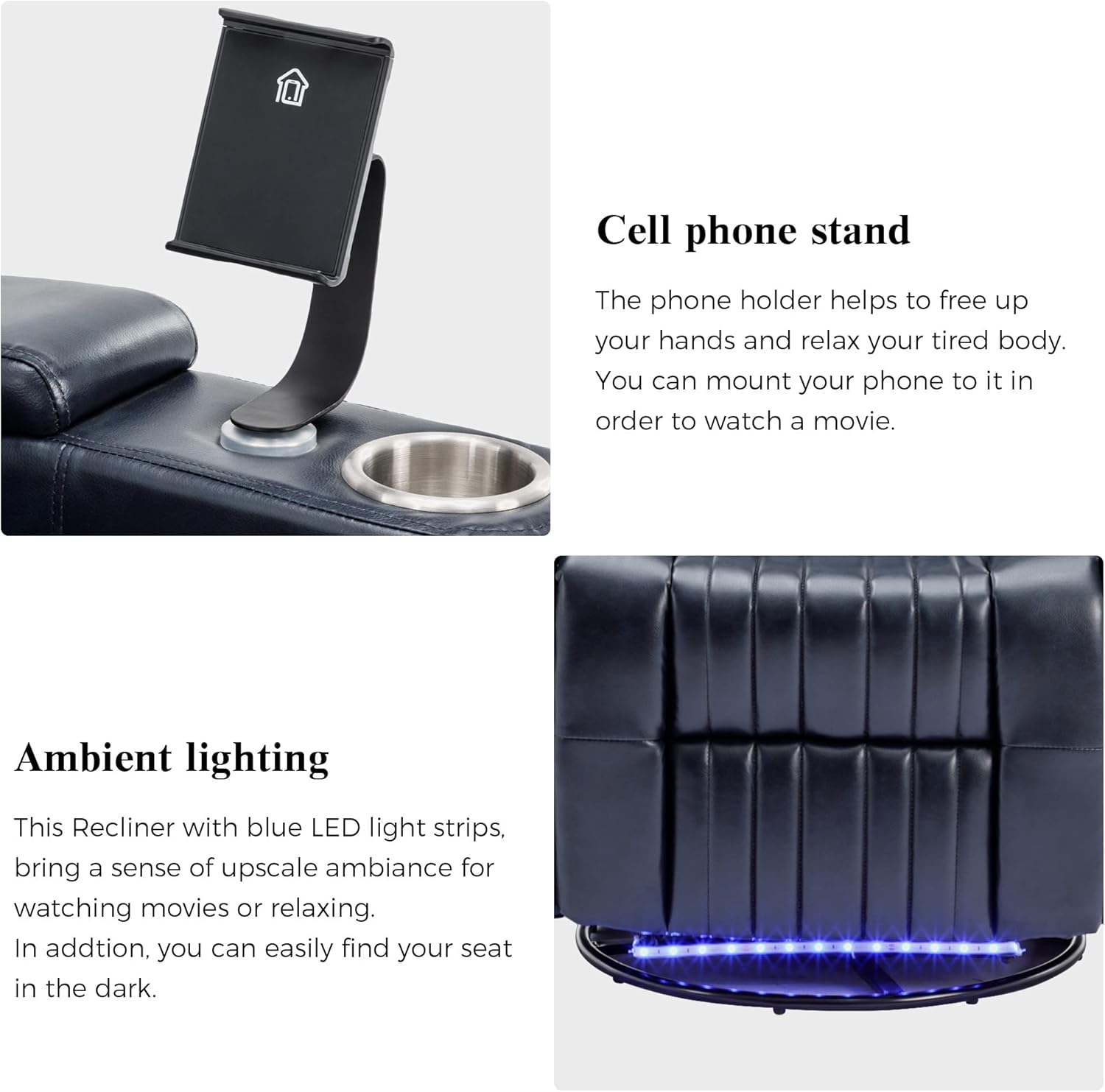 Close-up of Merax recliner showing cell phone stand and ambient blue LED lighting