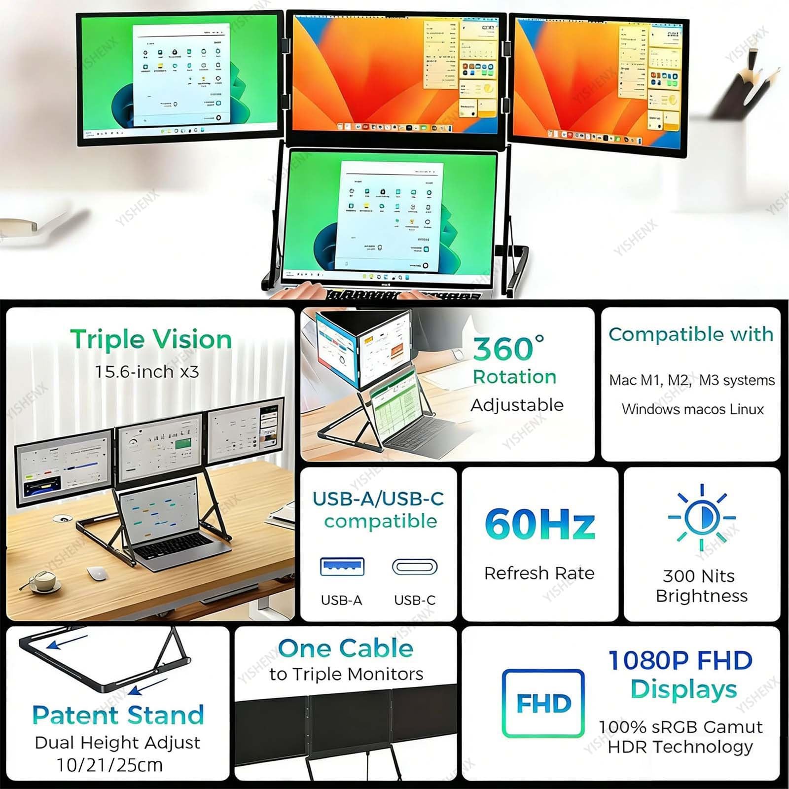 Monitor per Laptop a Triplo Schermo, Display Pieghevole HD Da 15,6", Rotazione a 360°, Copertura Srgb Al 100%, Regolazione Dell'altezza Su 3 Livelli, Windows, Mac, Linux, Android, Per Ufficio