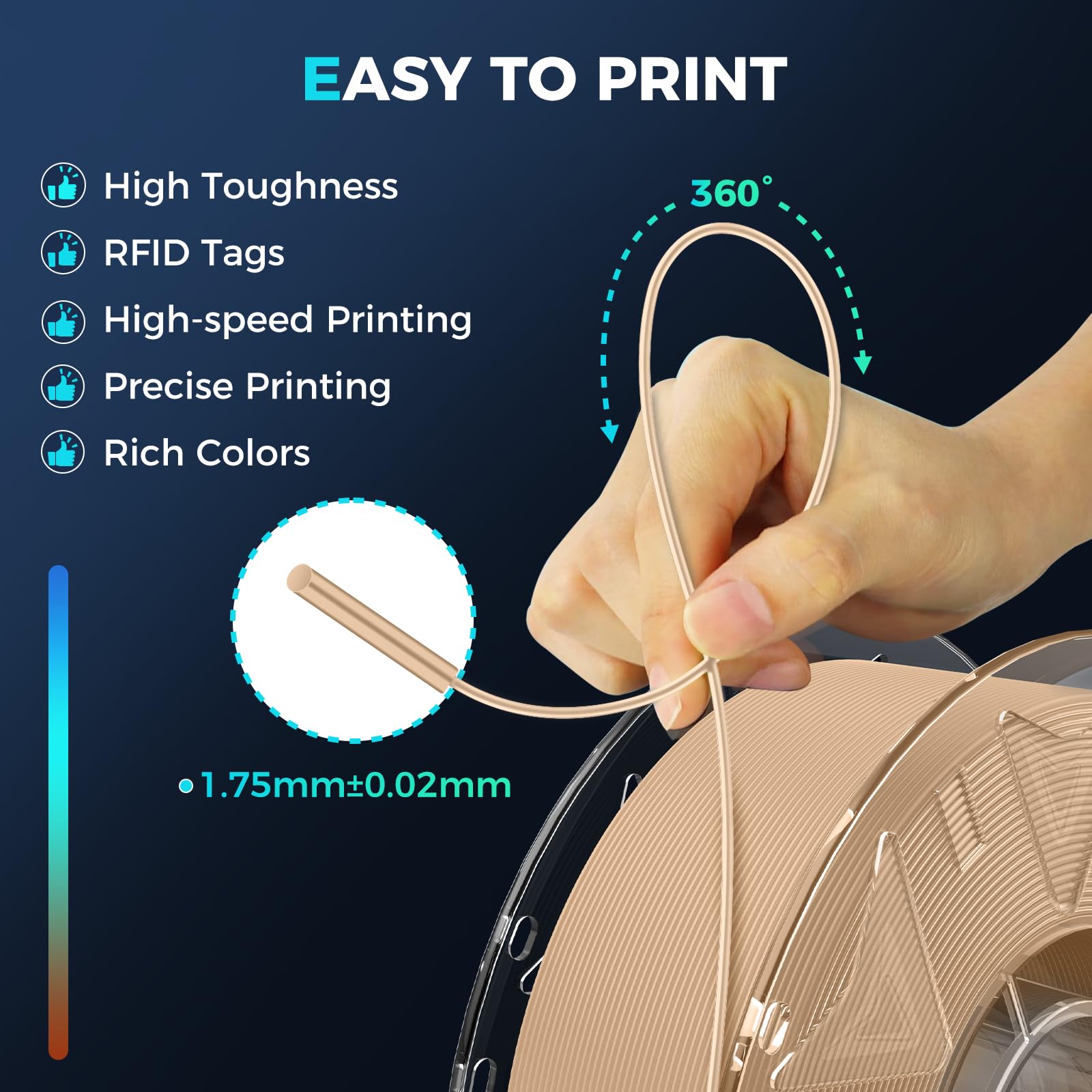 Creality PLA-Filament, Hyper PLA RFID 3D-Druckerfilament, hohe Geschwindigkeit 30–600 mm/s, 1 kg (2,2 lbs) Spulenfilament unterstützt CFS, passend für K2 Plus Combo 3D Drucker, Hautfarbe