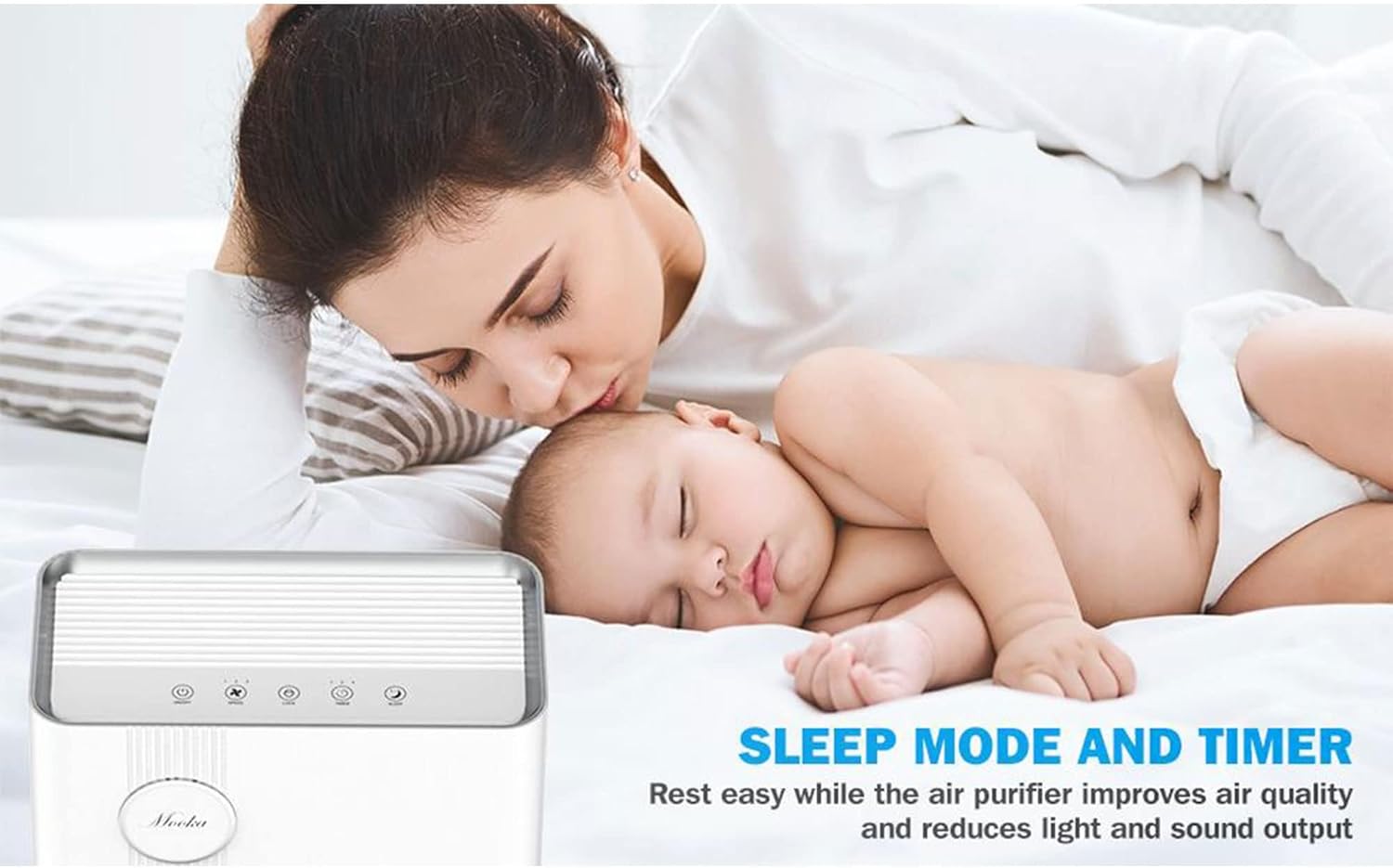 Mother and baby sleeping with air purifier