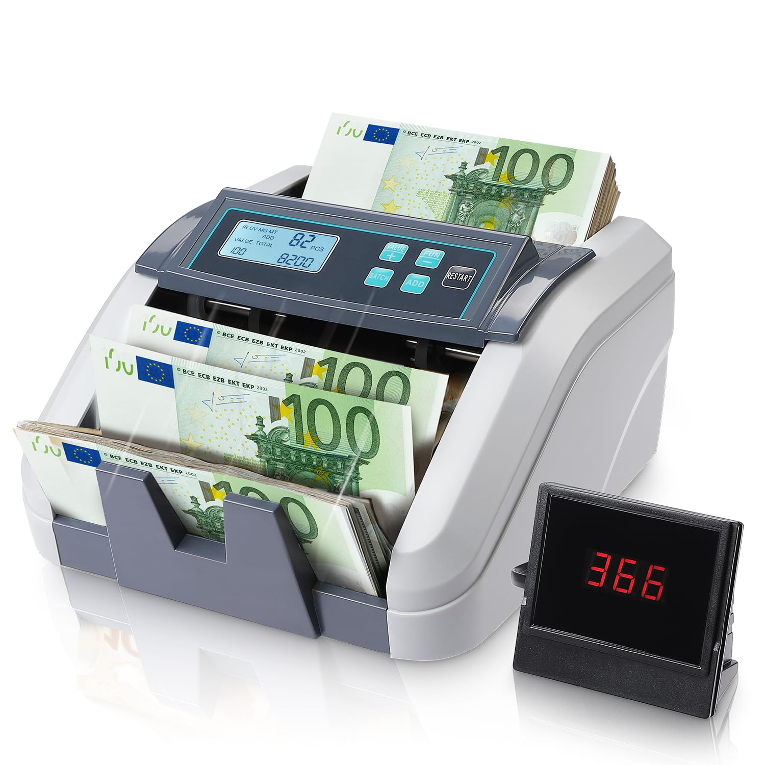 MUNBYN IMC51 Geldzählmaschine für Einzelwert, Wert der Währung kann nicht automatisch erkannt werden,Add+Batch Modus Geldscheinzähler, UV/MG/IR/MT-Erkennung, nur EUR-Geldzähler, 1100 Blatt/min, Grau