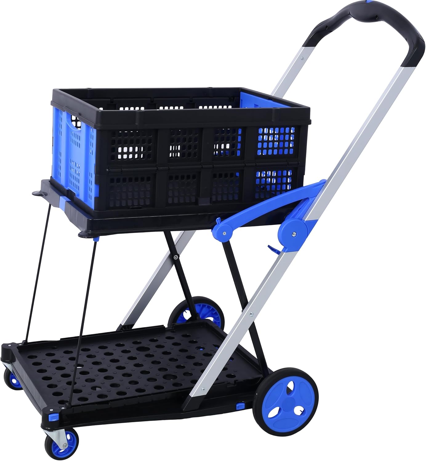2-Tier Collapsible Utility Cart with a Foot Brake, Multi Use Shopping Carts Including a Trolley and a Basket, Blue