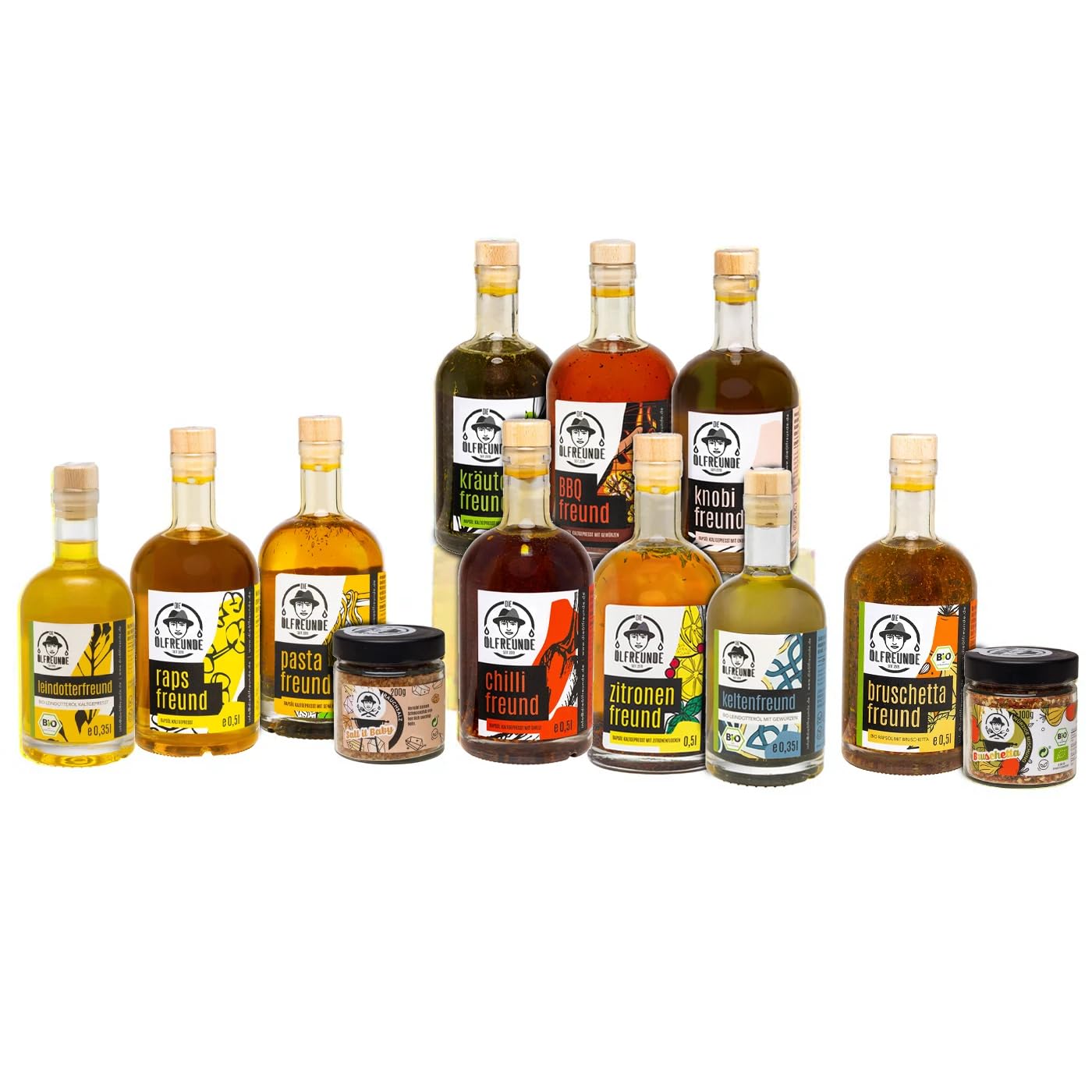 DIE ÖLFREUNDE Omegalecker Box mit 10 Ölen & 2 Gewürzen | Gewürzöle nativ kaltgepresst | hochwertige Öle mit Omega 3 & 6 Fettsäuren | Geschenk für Männer, Frauen, Feinschmecker für die Küche