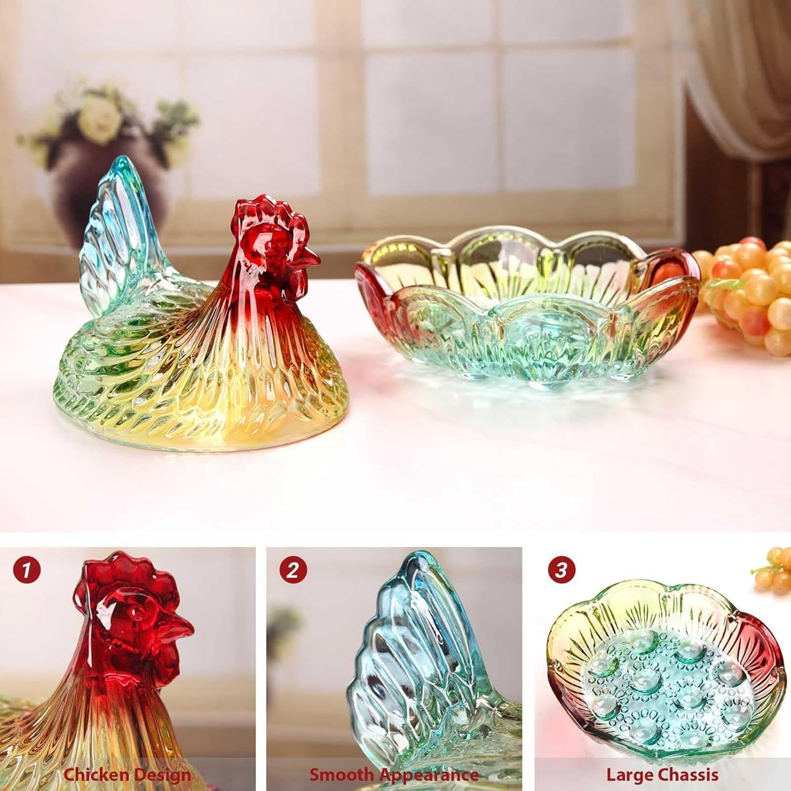 MERIGLARE Plato de Dulces con Forma de Gallina, Plato para Aperitivos Y Postres, Resistente, de Cristal de Calidad, Ideal para Cocina, Oficina Y Bodas, Multicolor, Individual