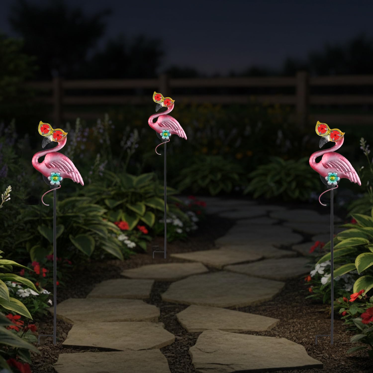 Piquets solaires en forme de flamant rose de 100,8 cm avec globes oculaires mobiles rouges, lampes solaires d'extérieur pour allée, terrasse, pelouse, piquets de jardin