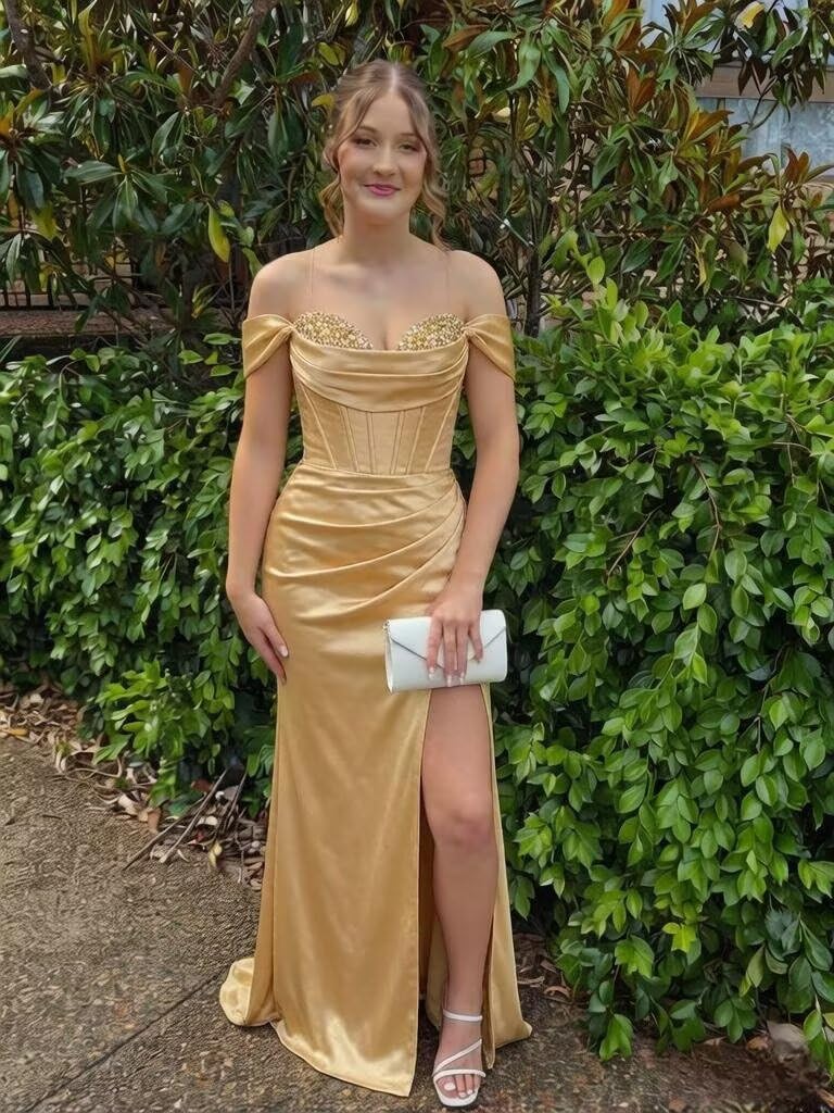 Off Shoulder Satin Prom Dresses 2026 Long Mermaid Corset Formal Evening Gown with Slit