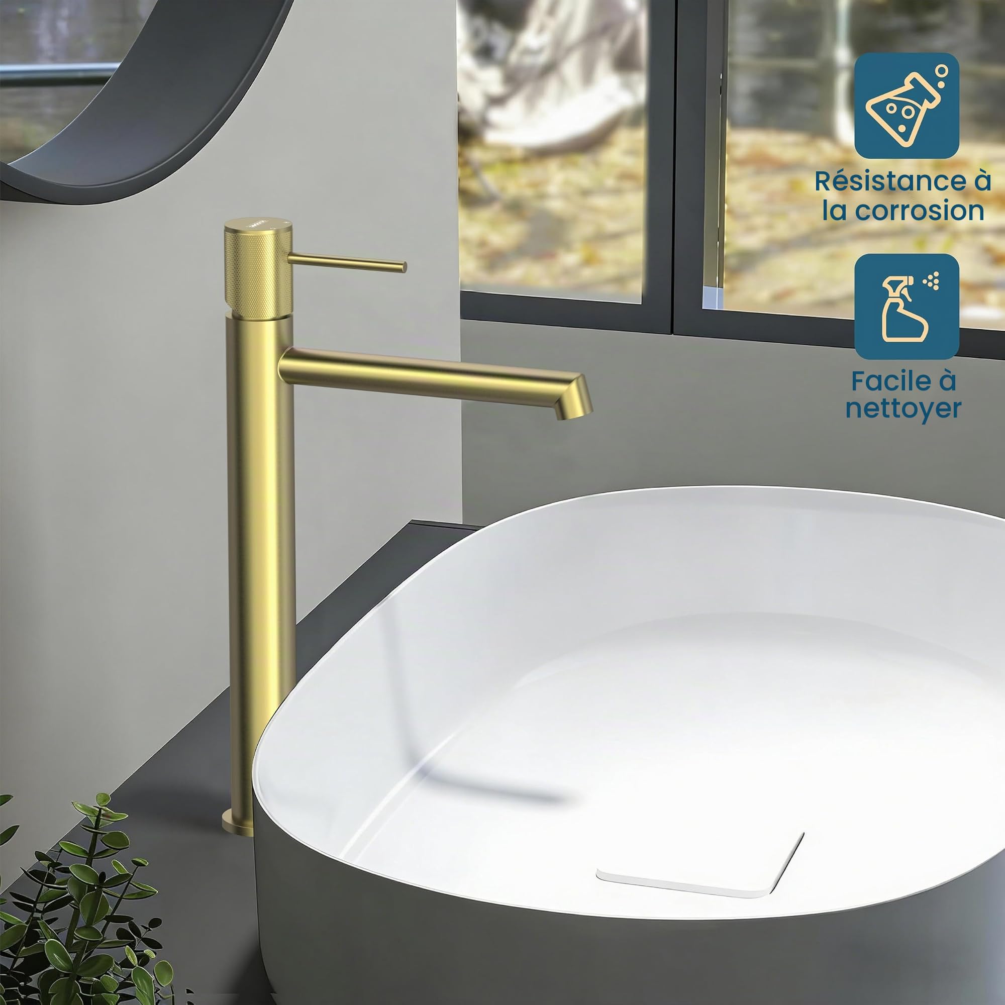 Krobec Mitigeur Lavabo Haut, Robinet Salle Bain, Mitigeur pour Vasque a Poser, Robinet de Lavabo Haut Salle de Bains en Acier Inoxydable, Hauteur de Bec de 250mm,Or brossé.