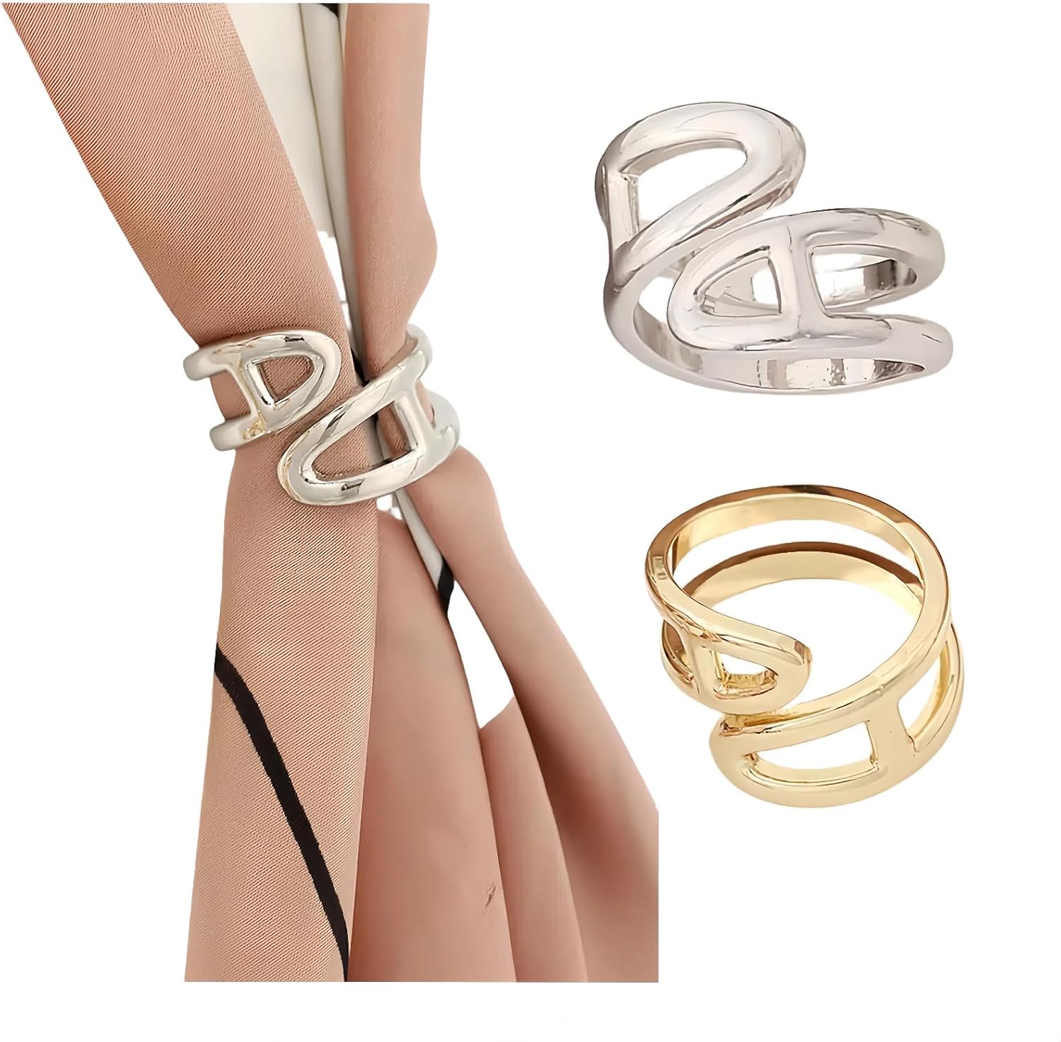 SYWDUDUCLT Scarf Ring for Women's Shawl, Silk Neckerchief, Tshirt, Gold/Sivler, S/M/L, 2 Pcs - Image 2