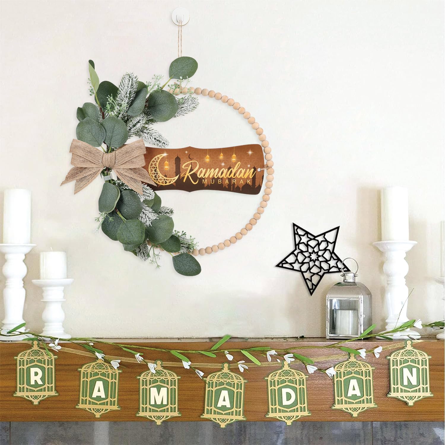 HPNIUB Ramadan Door Sign, Eid Mubarak Decoration for Muslim Home Room, Islam Mubarak Wooden Hanging Sign Wreath, Ramadan Hollow Wall Art for Ramadan Mubarak Party Supplies