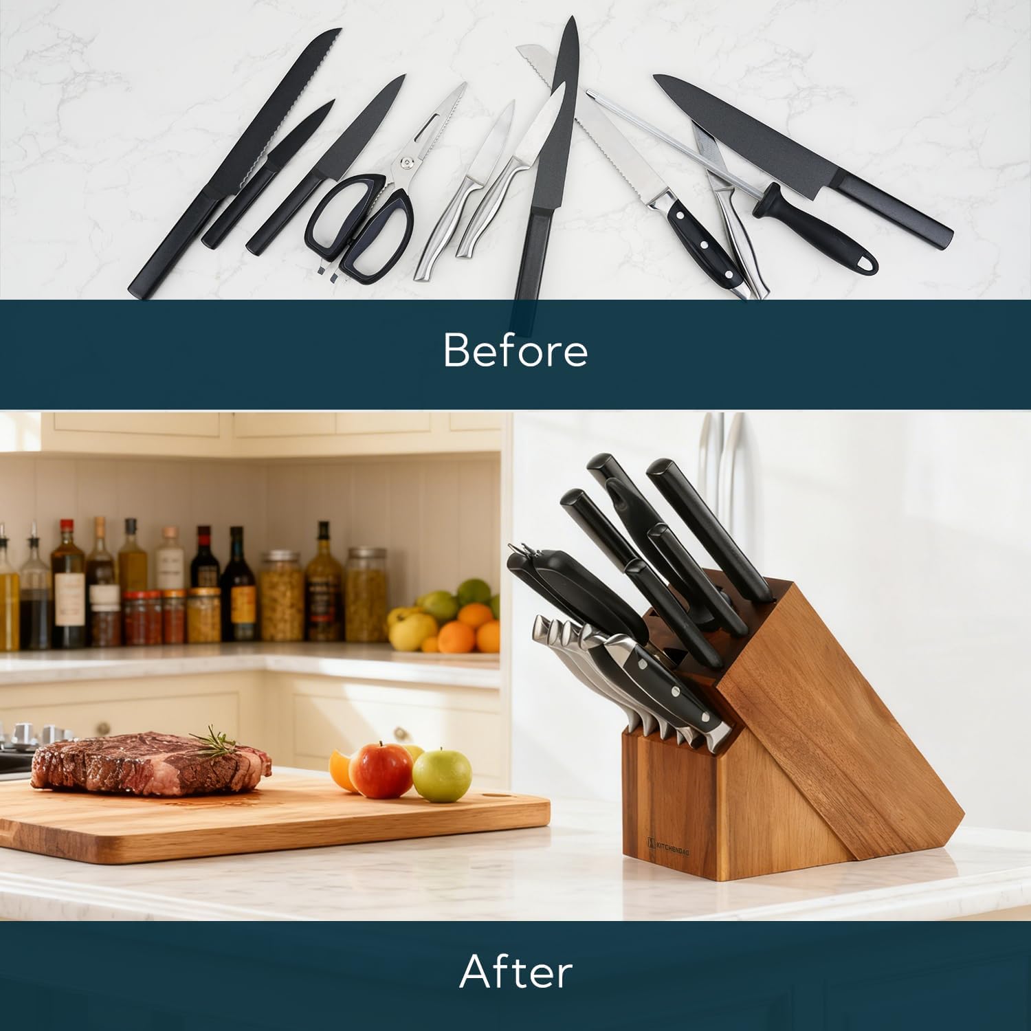 KITCHENDAO 14 Slot Acacia Wood Knife Block without Knives, Universal Knife Holder for Kitchen, Holding Multiple Types of Knives, Countertop Butcher Block Knife Stand for Easy Kitchen Storage