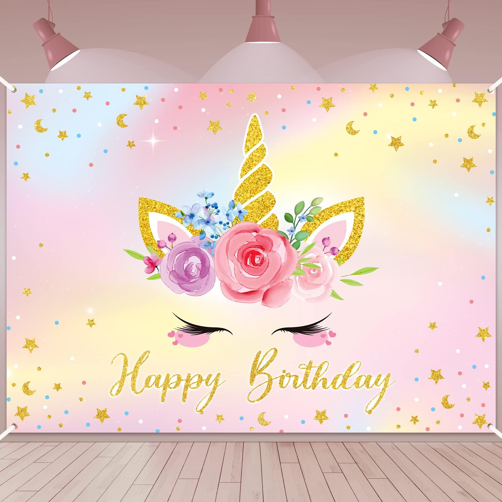 Newwiee Unicorn Birthday Backdrop for Girls Party 7x5ft Pastel Rainbow Unicorn Glitter Stars Floral Decor Happy Birthday Banner Photo Studio Props