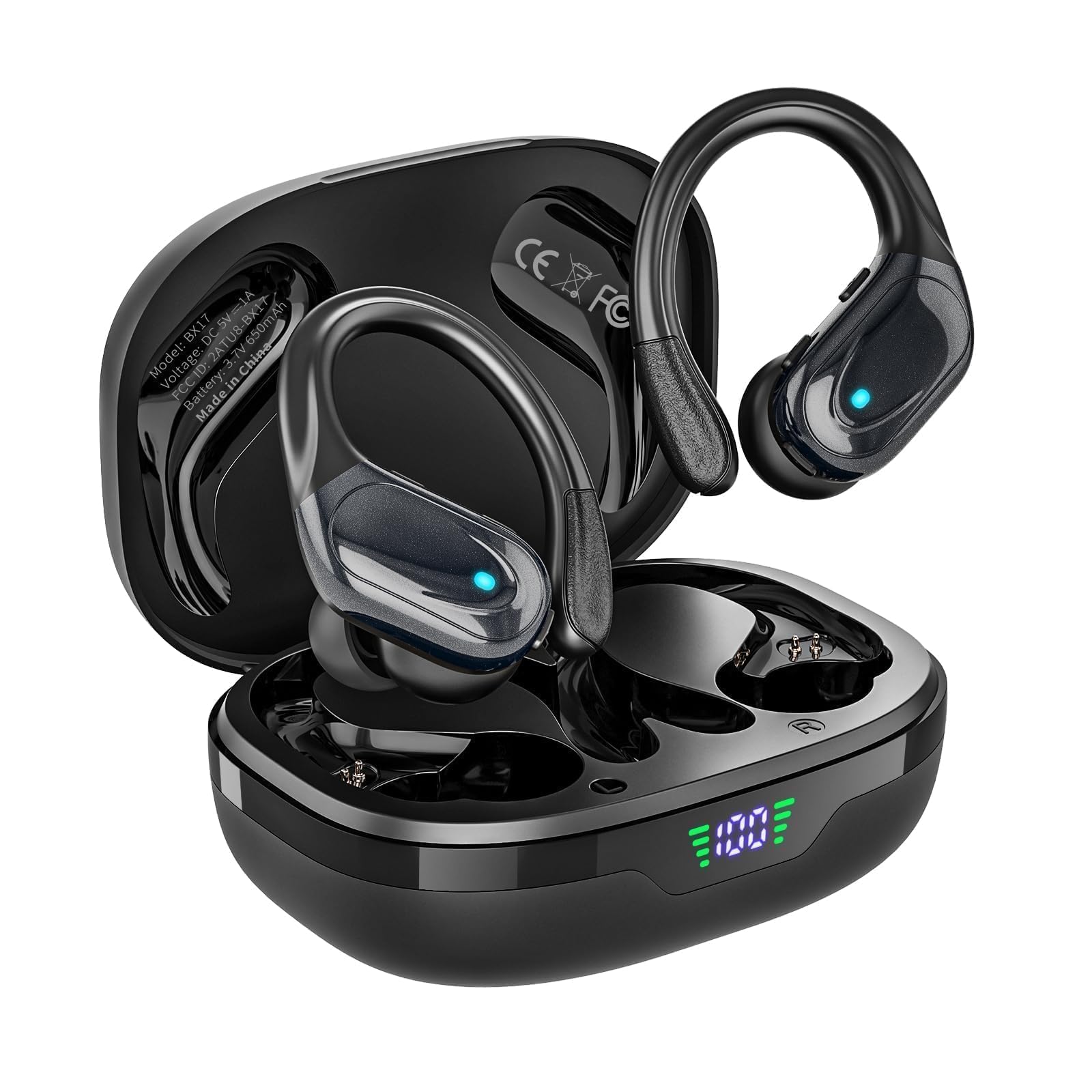 HAOYUYAN Écouteurs sans fil, écouteurs Bluetooth de sport, 80 heures de lecture, avec affichage de l'alimentation LED, casque antibruit, écouteurs étanches IPX7 pour entraînement/course à pied