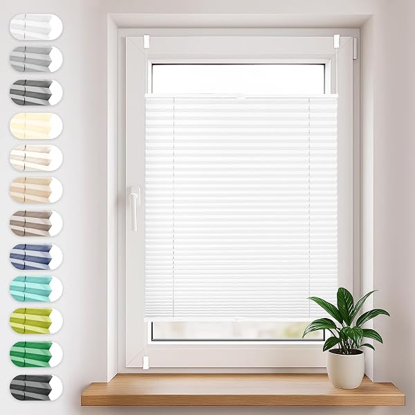 SONELLO Tenda plissettata Klemmfix senza foratura, 45cm x 200cm bianco, tende plissettate per porte e finestre con morsetti pronta per l'uso, protezione solare, Parti per Il Montaggio Incluse - 1