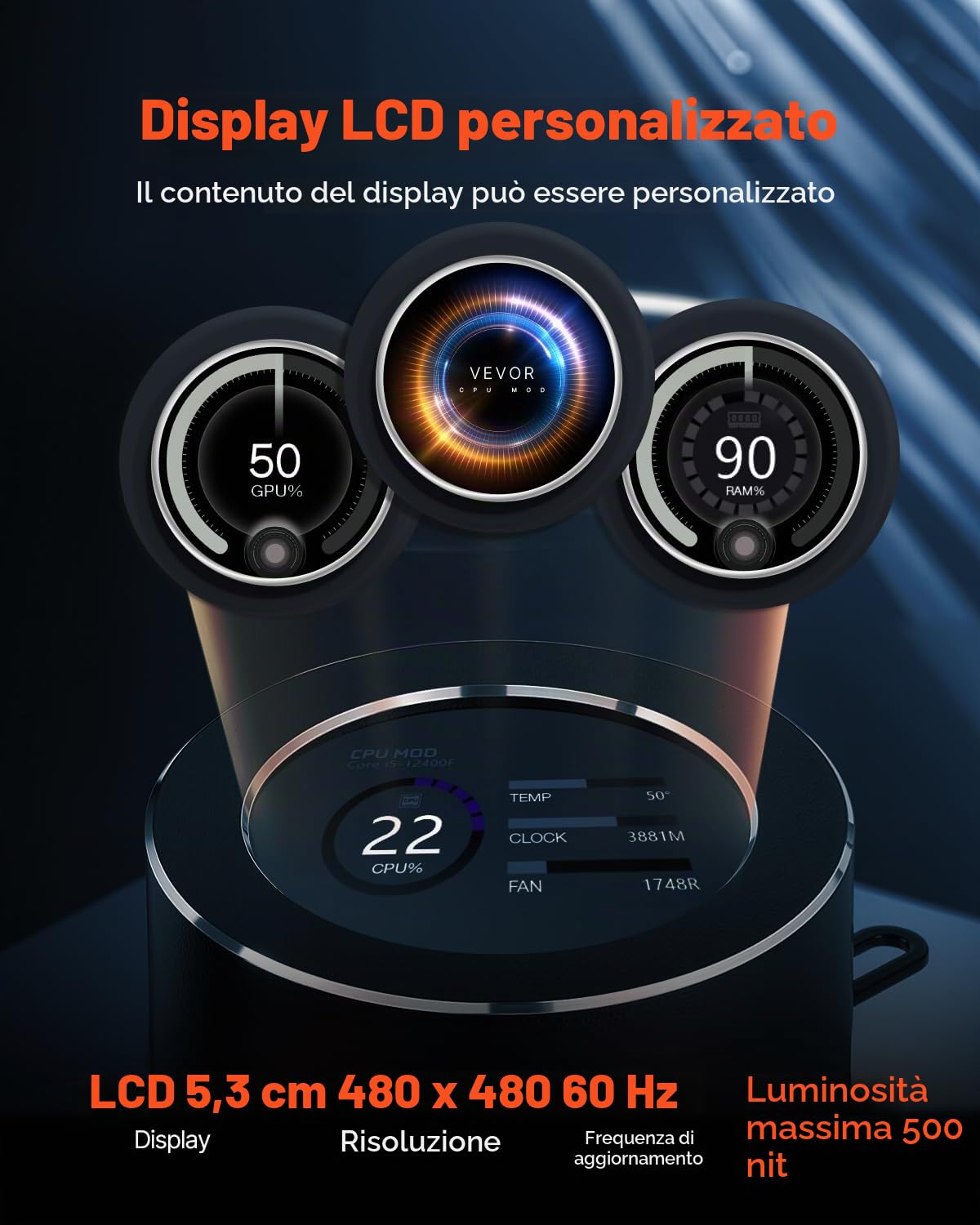 VEVOR Dissipatore di Calore a Liquido per AIO CPU, 3 Ventole PWN Raffreddamento da 120 mm e Pompa, con Display LCD da 283 x 120 x 56 mm, per Intel 115X/1366/2011/1700/1200, AMD AM4/AM5