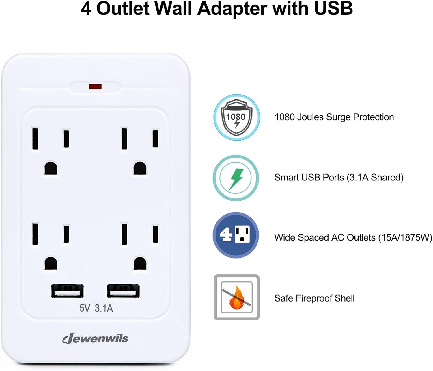 DEWENWILS 4 Plug Outlet Adapter Multi Plug Wall Outlet Extender Surge Protector with Dual USB Ports, Lightweight Extra Outlet Adapter for Home Office Travel, 1080 Joules, ETL Certified - White