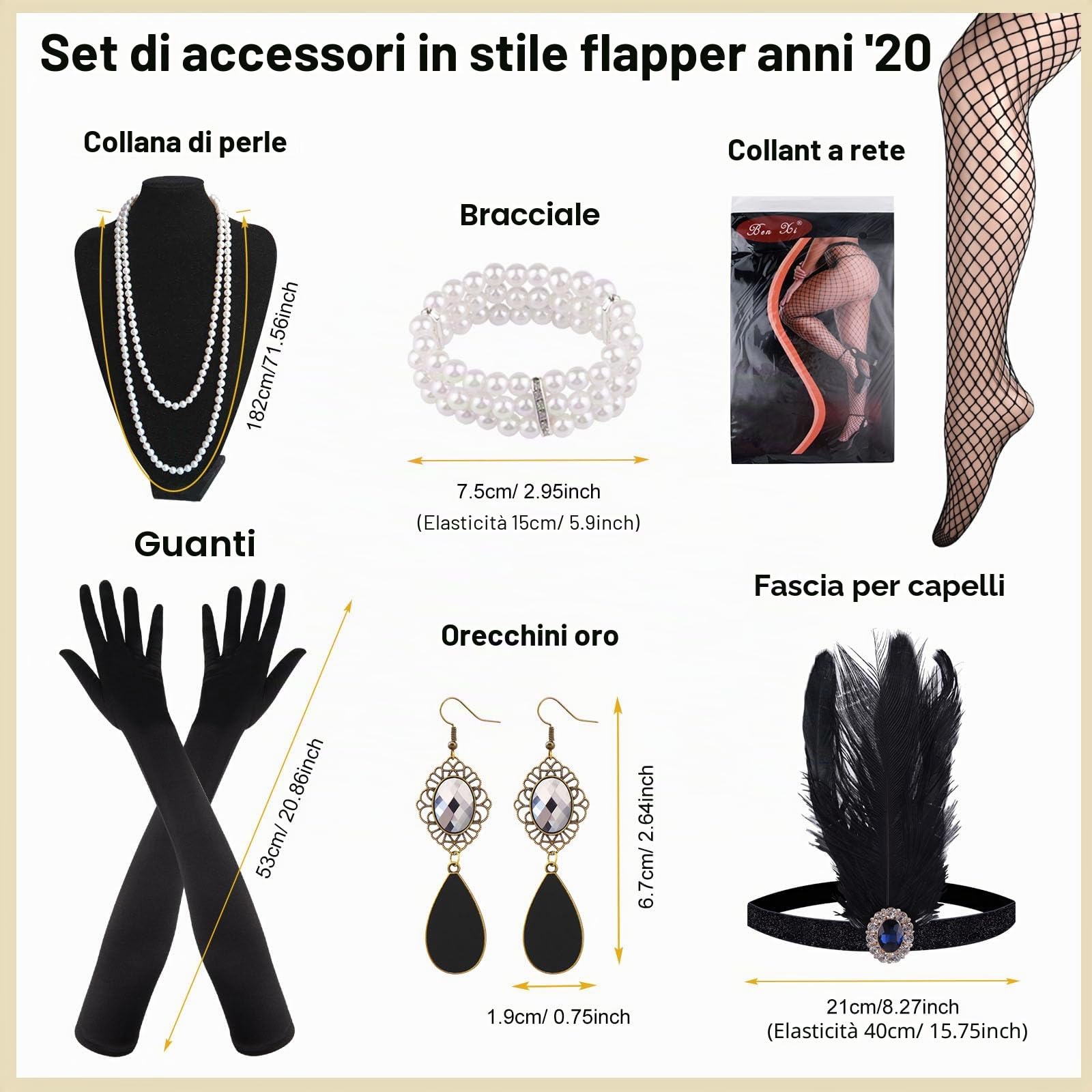 PLULON Abito Anni '20 con Paillettes e Frange con Perline e Set di Accessori Anni '20