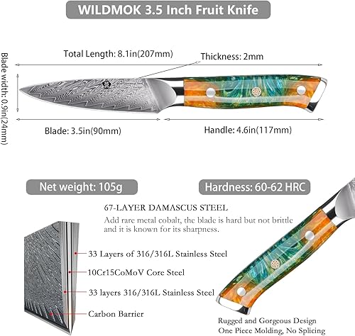 Miniatura 2 de WILDMOK Cuchillo de pelar de Damasco, cuchillo japonés de 3.5 pulgadas de acero de Damasco de 67 capas, cuchillo de pelar profesional, cuchillo de