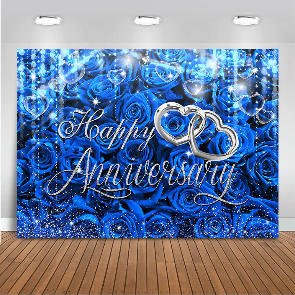 Mocsicka Happy Anniversary Backdrop Wedding Together Anniversary Party Decoration Red Rose Florals Gold Bokeh Heart Background Wedding Couple Love