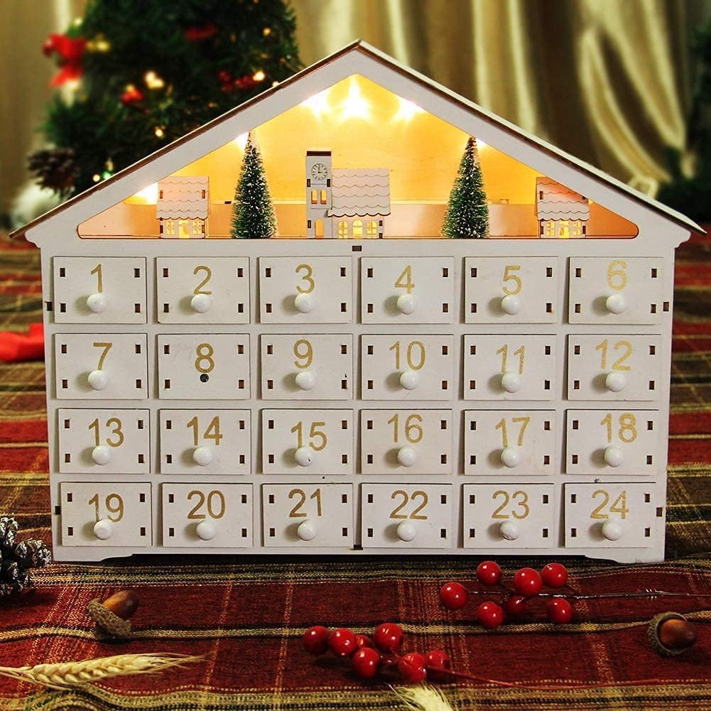 Calendario dell'Avvento in legno con luce a LED 24 cassetti