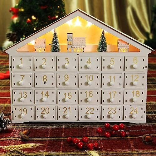 MorTime Calendario de Adviento LED de 24 días decorado con casa del árbol de Navidad y luces LED, cuenta regresiva de madera blanca iluminada para
