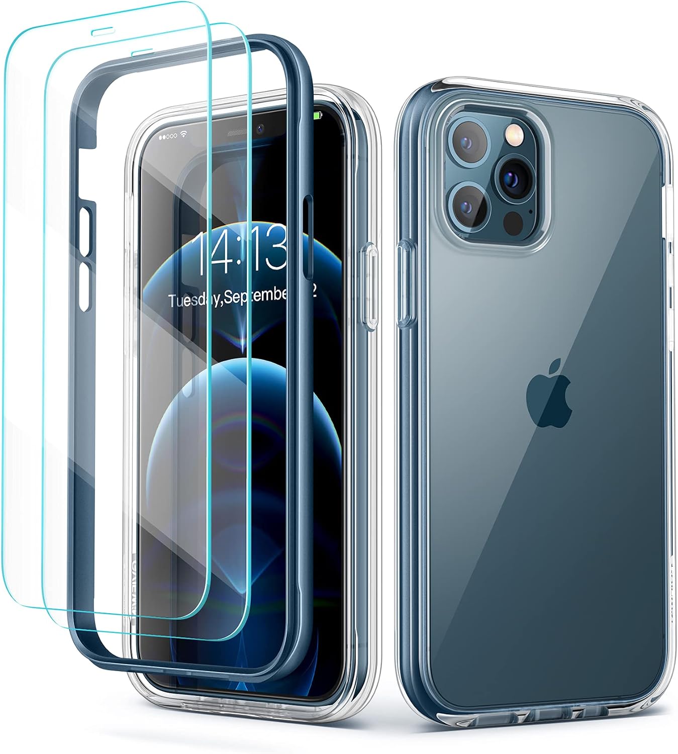 GVIEWIN Compatible with iPhone 12/ iPhone 12 Pro Case 6.1", with [2 Tempered Glass Screen Protectors] Crytal Clear 360 Full-Body Shockproof Women Protective Phone Cover (Blue)